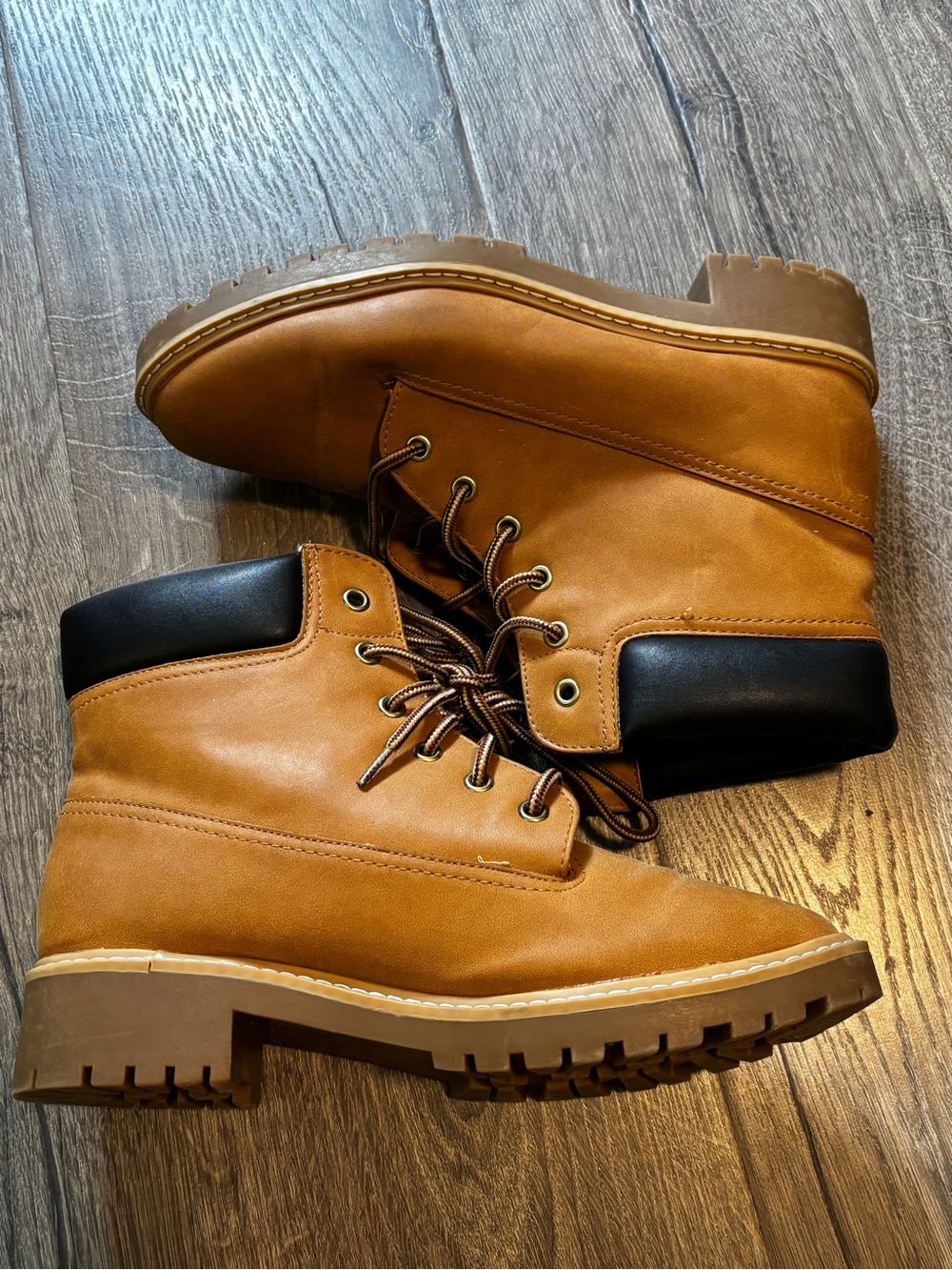 Women’s Tan Work Boots with Black Collar - Rugged Lace-Up Construction Look